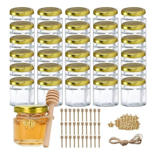 45ml Hexagon Mini Glass Honey Jars With Wood Dipper Gold Lid 30x Bee Pend - 50 Pack