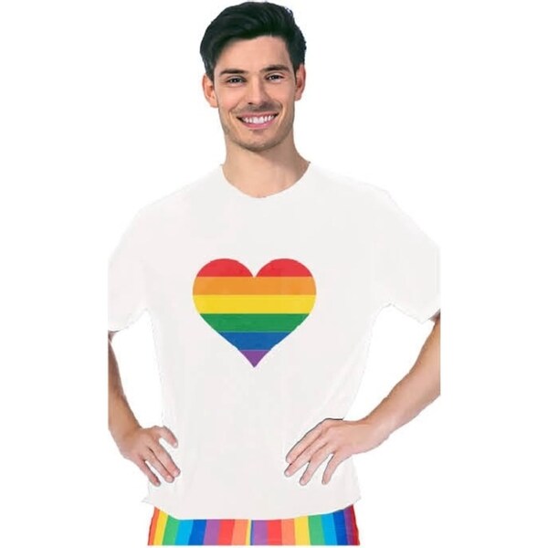 Adult Rainbow Flag T Shirt Top Tee Gay Pride LGBTQ Love Heart - White - One Size
