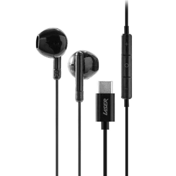 Laser Black USB-C Earphones: In-Line Controls, Microphone, Ultra-Compact Design, Universal Compatibility