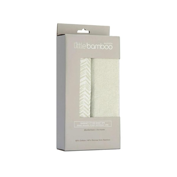 Set of 2 Little Bamboo Jersey Fitted Sheet Bassinet Size Herringbone Whisper