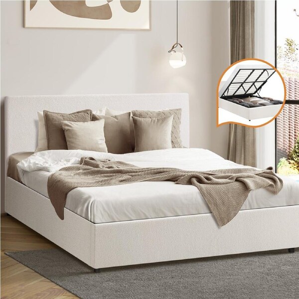 Oikiture Bed Frame King Size Gas Lift Base With Storage White Boucle