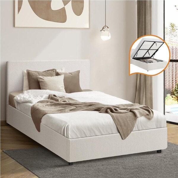 Oikiture Bed Frame Single Size Gas Lift Base With Storage White Boucle