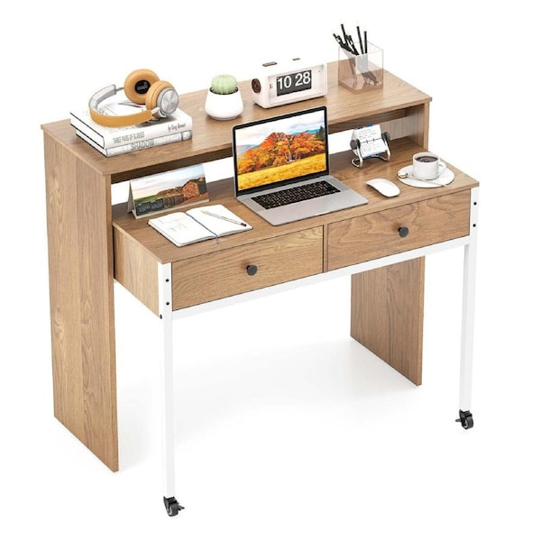 Costway Extending Computer Desk Wood Pull Out Console Table 2 Drawers Writing Study Workstation