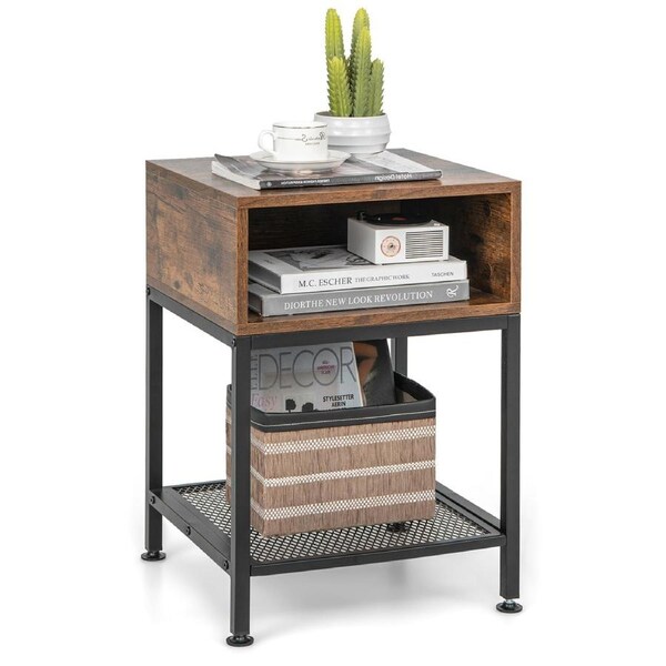 Costway Retro End Bedside Table Nightstand w/ Mesh Shelf & Storage Cube Sofa Coffee Table Living Bedroom