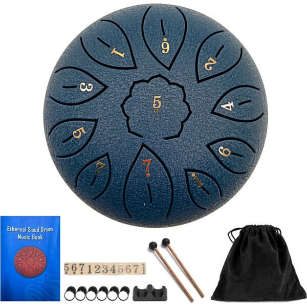 Catzon 11 Notes 6 Inches Steel Tongue Drum with Drum Mallets Carry Bag-NavyBlue