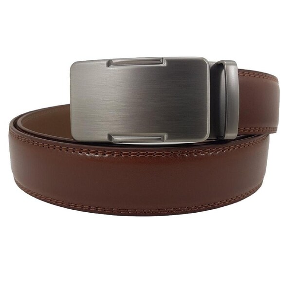 OSKA Men’s Luxury Belt Genuine Leather Automatic Step Buckle Matt Silver Tan Brown
