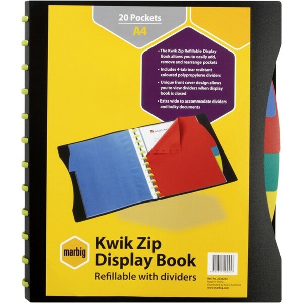 Marbig Kwik Zip Refillable 20-Pockets A4 Display Book w/ PP Dividers Black