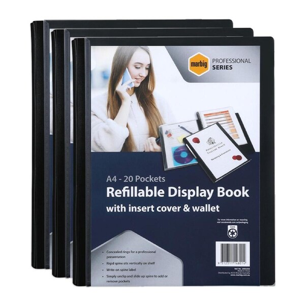 3PK Marbig Pro A4 Refillable Clearview Document Display Book w/ Wallet - Black