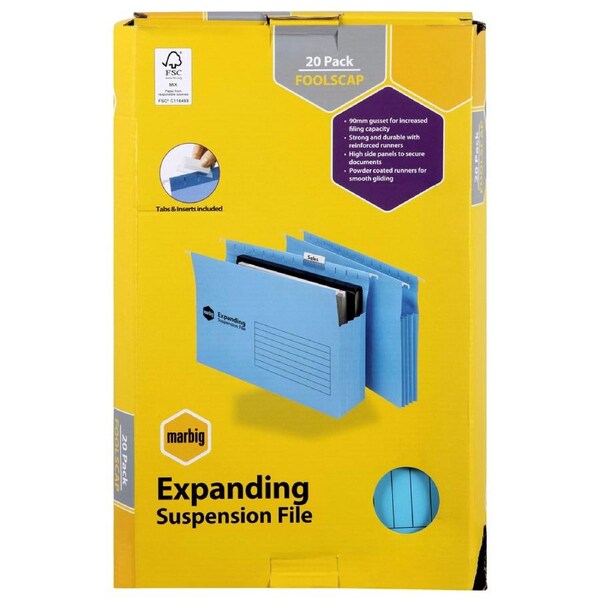 20pc Marbig Expanding Foolscap Suspension File Holder w/ Tabs/Inserts Blue