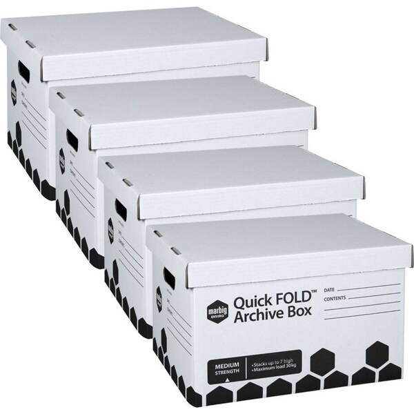 4PK Marbig Quickfold Cardboard 42cm Archive Box/File Storage Organiser w/ Lid