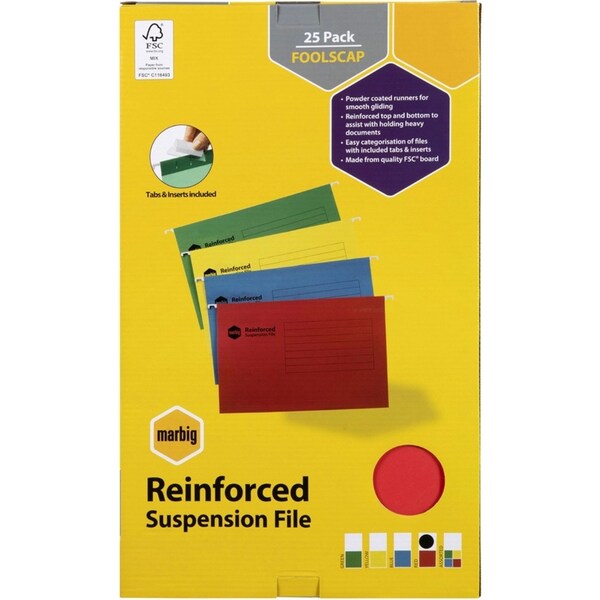 25pc Marbig Foolscap Suspension File w/ Tab/Insert Document Organiser Red