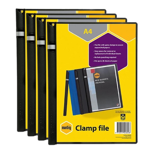 4PK Marbig Clear Front File Document/Paper Holder A4 Spine Clamp Cover- Black