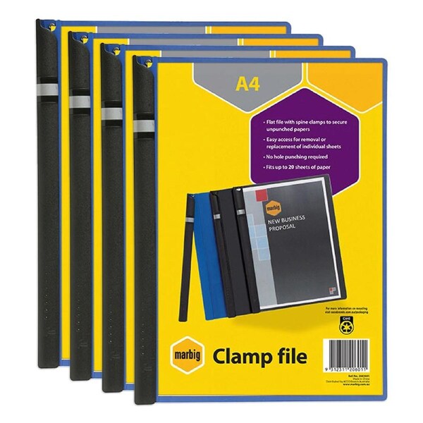 4PK Marbig Clear Front File Document/Paper Holder A4 Spine Clamp Cover - Blue