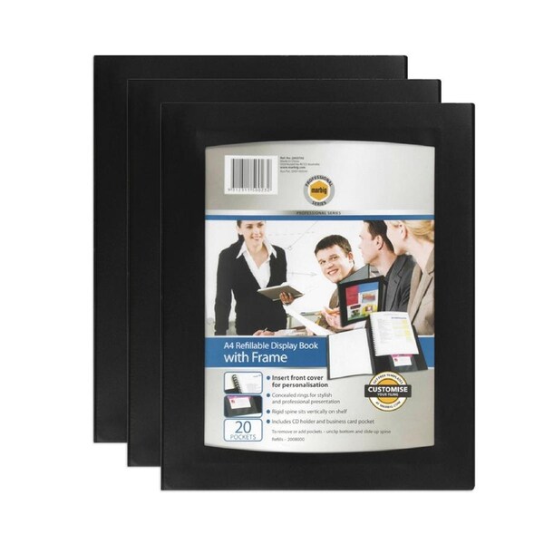 3PK Marbig Pro 20-Pocket A4 Refillable Document Display Book w/ Frame - Black