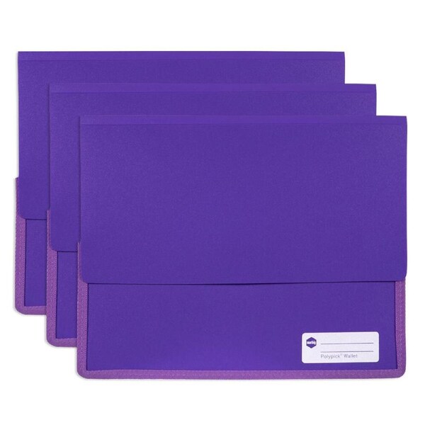 3PK Marbig Wallet A4 Heavy Duty Polypick Document Sleeve/Folder Purple