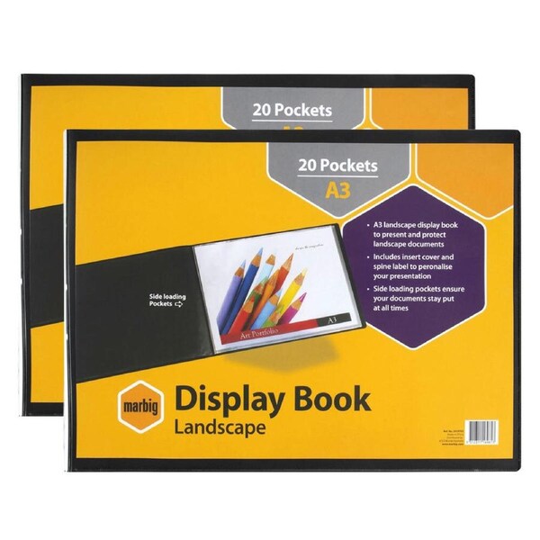2PK Marbig Side-Loading 20-Pocket A3 Display Book Landscape Art/File Holder Blk