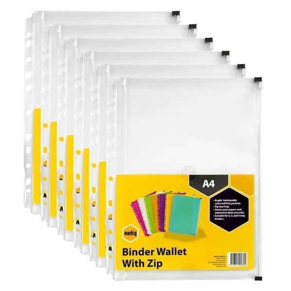 10PK Marbig A4 Binder Wallet Right Side Zip Open Sleeve Sheet File Organiser Clr