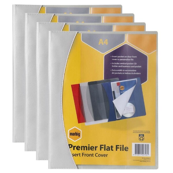 4PK Marbig Premier A4 Flat File Folder w/Insert Cover Document Paper Holder Gry