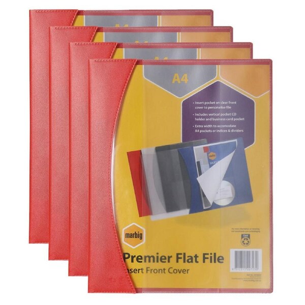 4PK Marbig Premier A4 Flat File Folder w/ Insert Cover Document Paper Holder Red