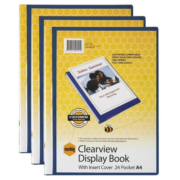 3PK Marbig PP Clearview 24-Page A4 File Display Book Document/Paper Holder Blue