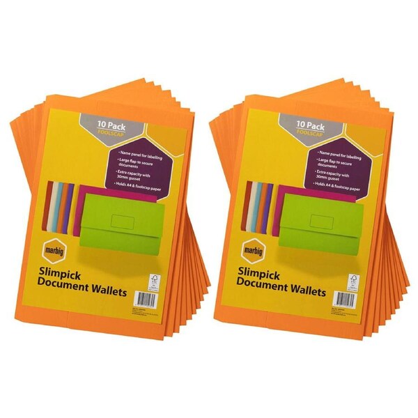 20pc Marbig Brights Slimpick Foolscap Document Wallet Paper/File Storage ORNG