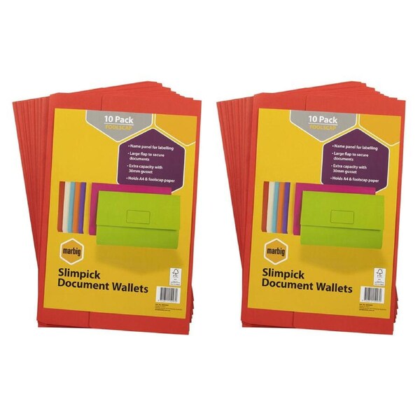 20pc Marbig Brights Slimpick Foolscap Document Wallet Paper/File Storage Red