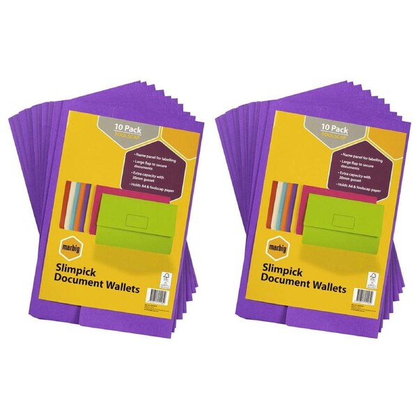20pc Marbig Brights Slimpick Foolscap Document Wallet Paper Storage Purple