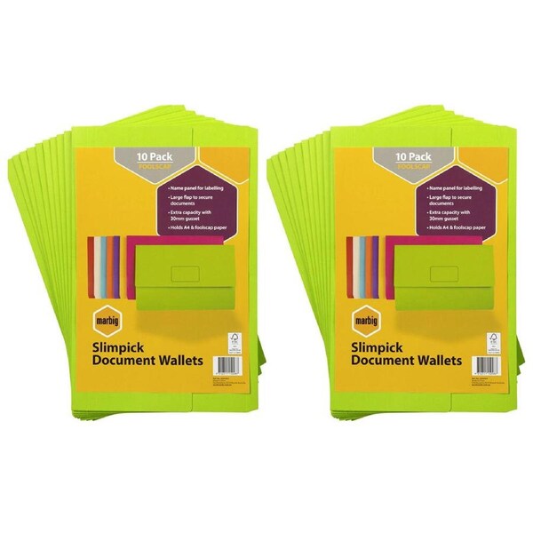 20pc Marbig Brights Slimpick Foolscap Document Wallet Paper/File Storage GRN