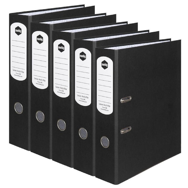 5PK Marbig Dual Ring Binder Lever Arch File Paper Spine Footscalp Black 75mm