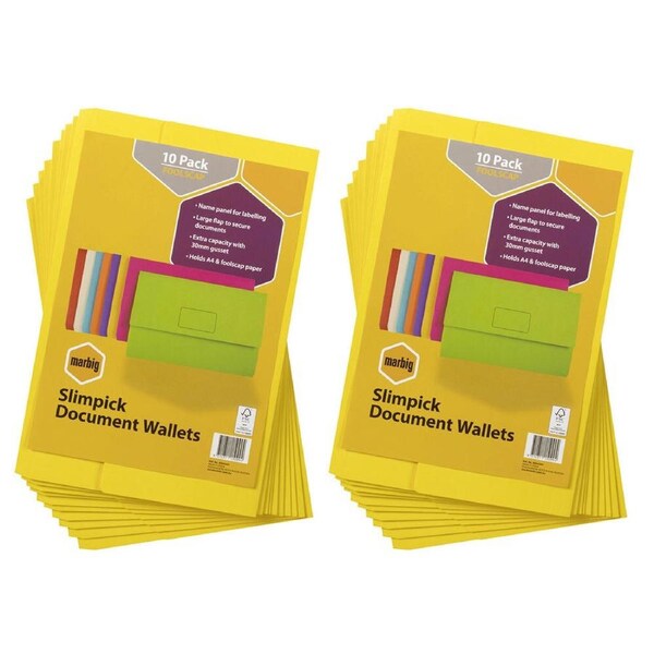 20pc Marbig Brights Slimpick Foolscap Document Wallet Paper/File Storage YLW