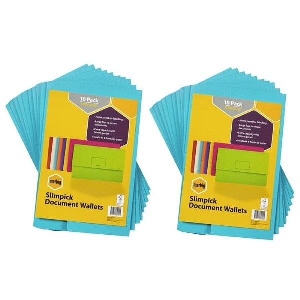 20pc Marbig Brights Slimpick Foolscap Document Wallet Paper/File Storage Blue