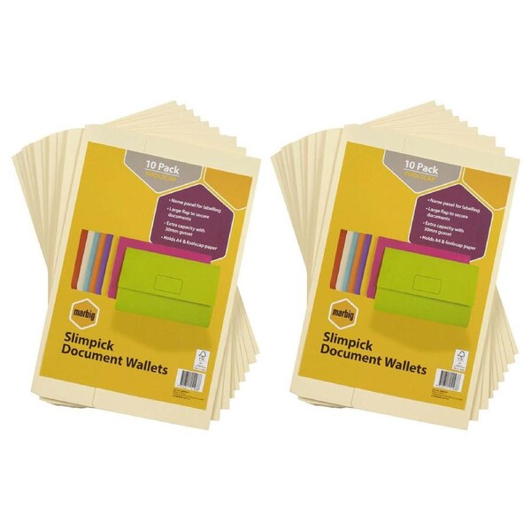 20pc Marbig Brights Slimpick Foolscap Document Wallet Paper/File Storage Buff