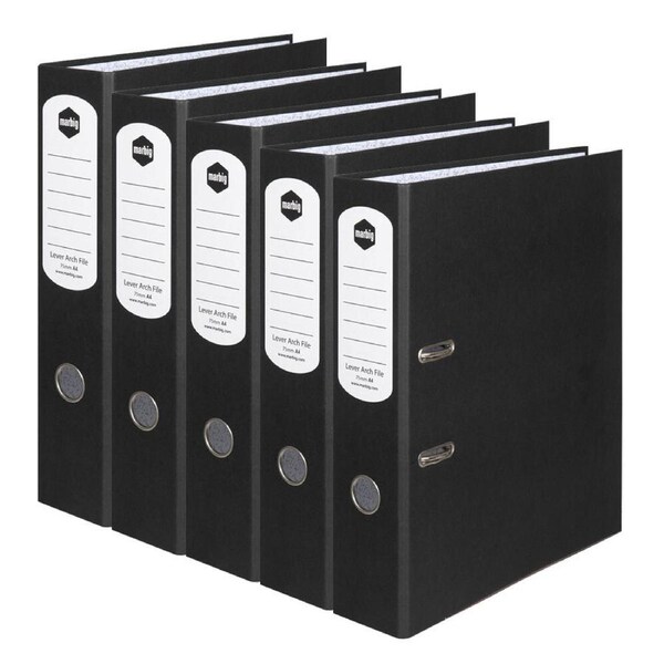 5PK Marbig Dual Ring Binder Lever Arch File Paper Spine A4 Page Black 75mm
