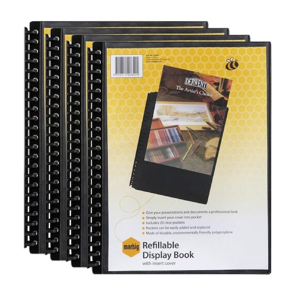 4PK Marbig 20-Pocket A4 Refillable Clearview Document Display Book - Black