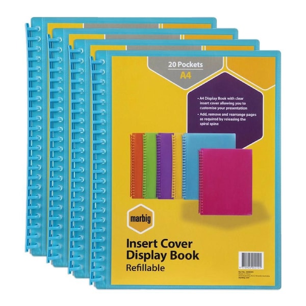 4PK Marbig 20-Pocket A4 Refillable Clearview Display Book - Translucent Marine