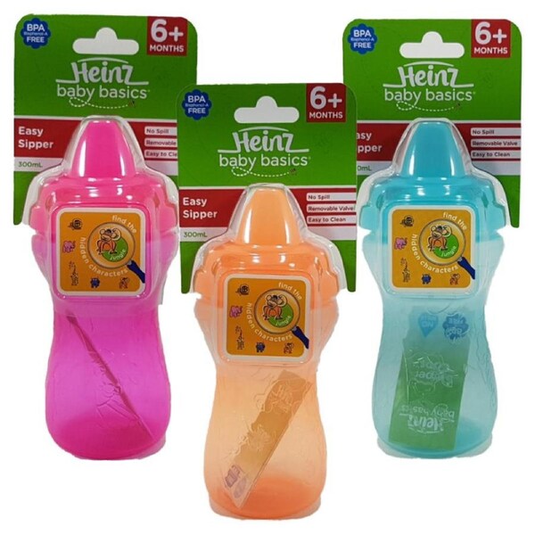 3x Heinz Baby Basics Easy Sipper Assorted Pink Orange and Blue 6m+ 300ml Baby Bottle