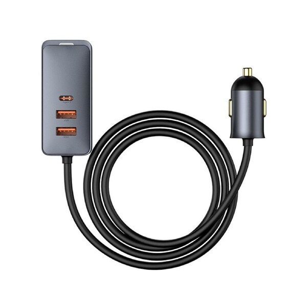 Multi-port Fast Charging Car Charger with Extension Cord 120W 2U+2C-Grey