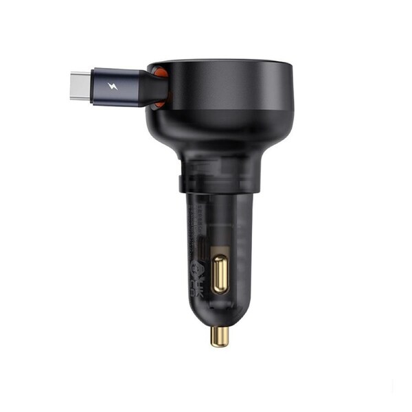 Car Charger U+Retractable Type-C Cable 60W-Cluster Black: Charge On-the-Go with Versatile Power