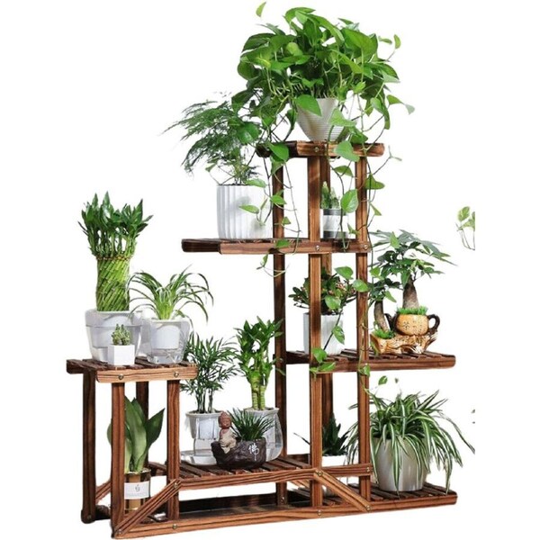 Rustic 6 Tier Wooden Step Plant Stand Shelf Flower Shelving Unit Outdoor Indoor