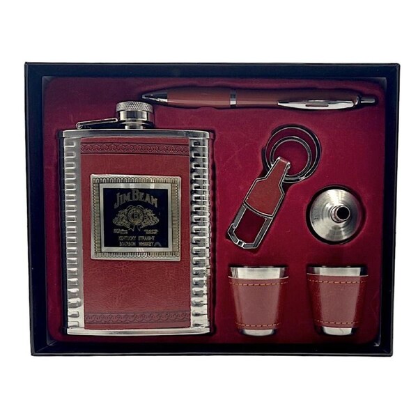 Jim Bean Hip Flask, Shot Glass, Opener and Pen Gift Set Stainless Steel 8oz