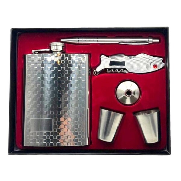 Hip Flask, Shot Glass, Bottle Opener and Pen Gift Set Stainless Steel 8oz