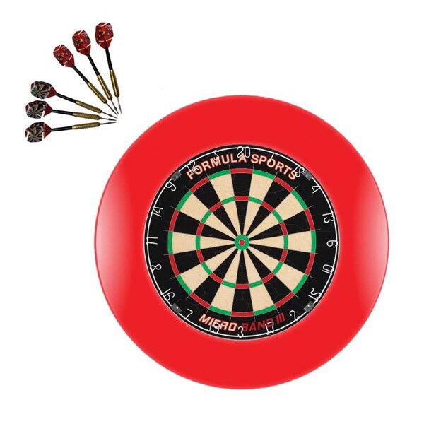 Formula Micro Band 3 Dart Board + Winmau Plain Red Surround + Darts Set