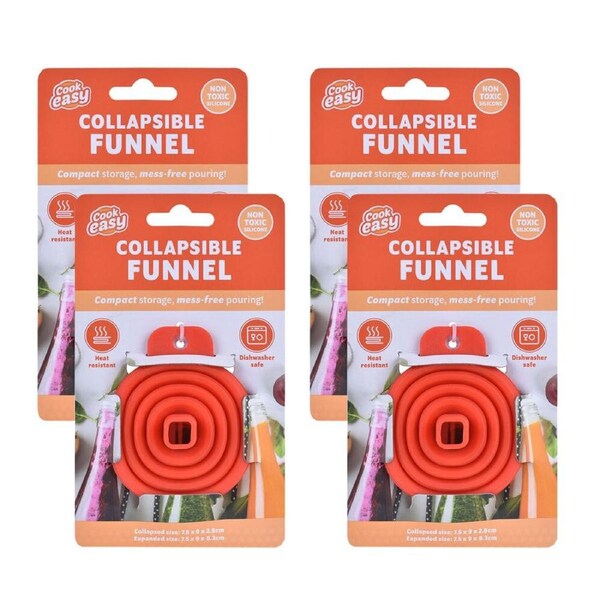4PK Cook Easy Collapsible Compact Silicone Heat Food Safe Liquid Funnel - Red