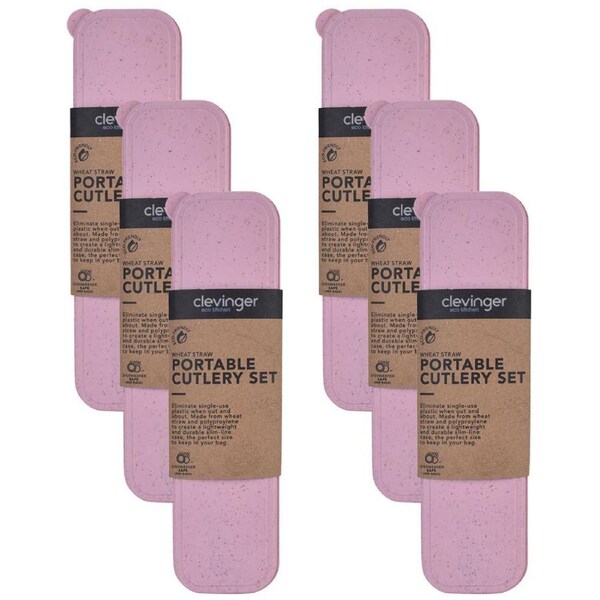 6PK Clevinger Wheat Straw Portable Slim-Line Cutlery Set w/ Container Assorted