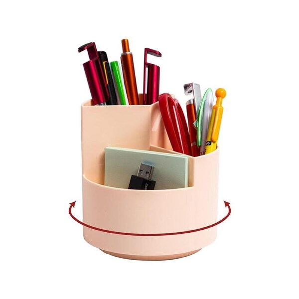 Catzon Desk Pen Holder 3 Slots 360 Spinning Organizer for Office School-Pink