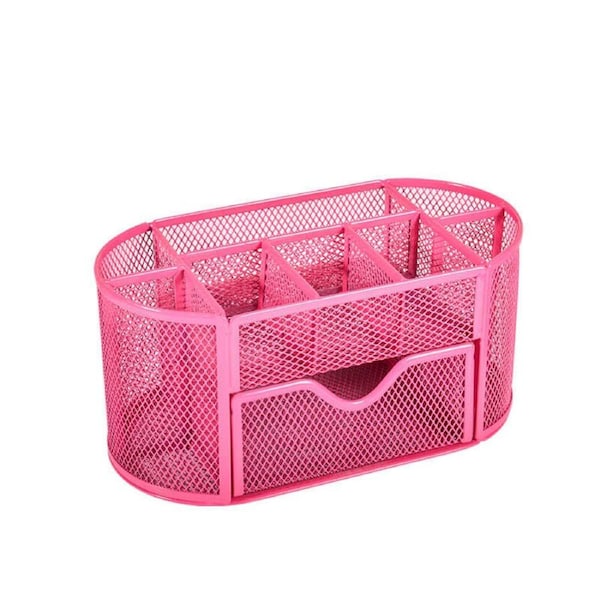 Catzon Mesh Desk Organizer with 8 Compartments & 1 Drawer for Home School-Pink