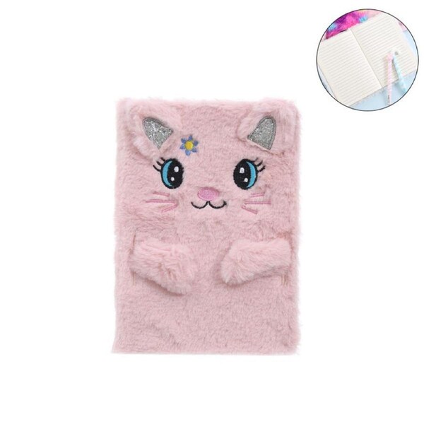 Catzon Cute Plush Notebook Faux Fur Writing Journal Back to School Gifts-Pink