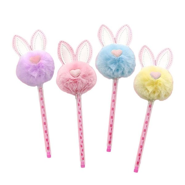 Catzon 4 Pcs Fluffy Bunny Gel Pens 0.5mm Black Ink for School Office