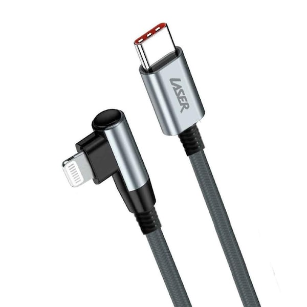 Laser 18W Fast Charge Lightning to USB-C 1m Cable - Right Angle, Nylon Braided, Enhanced Comfort for Video Watching & Reading