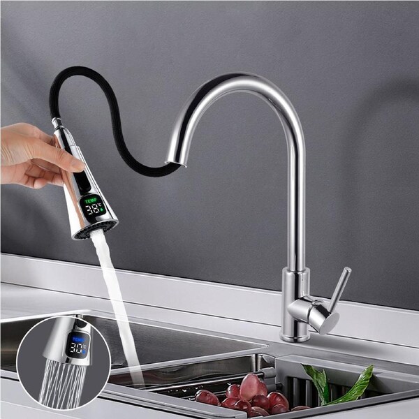 ACA Temperature Display Kitchen Tap 2 Modes Pull Out Kitchen Sink Mixer Tap Swivel Chrome Faucet